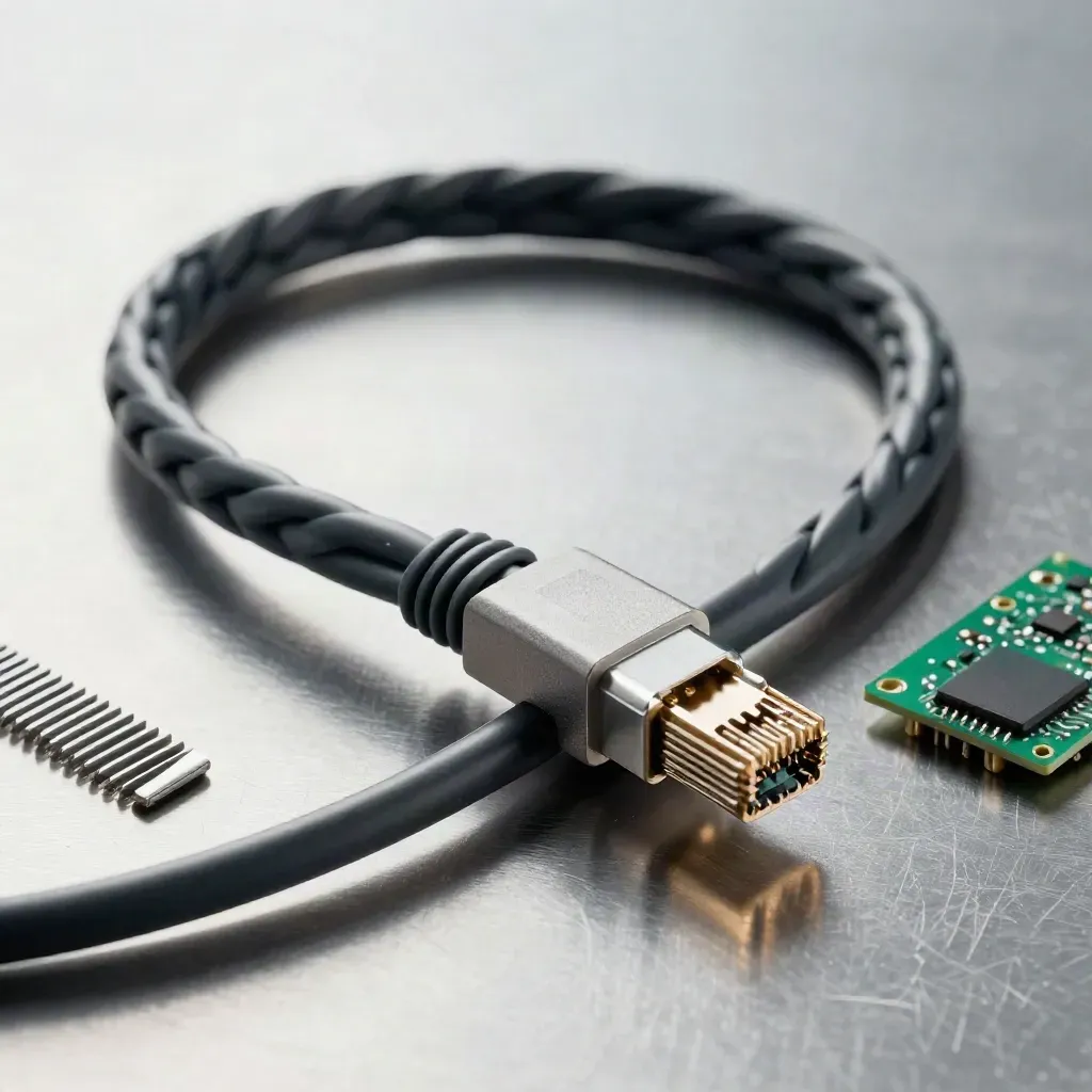 Brushed metal üzerinde ethernet kablosu, bağlantı bloğu ve devre parçaları yakın plan.