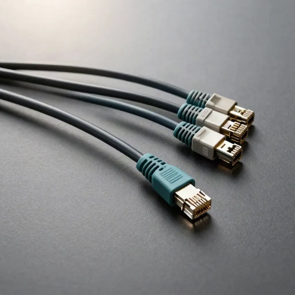 Grafit yüzeyde ethernet kabloları, hub bağlantısı ve kelepçelerle üstten makro düzen.