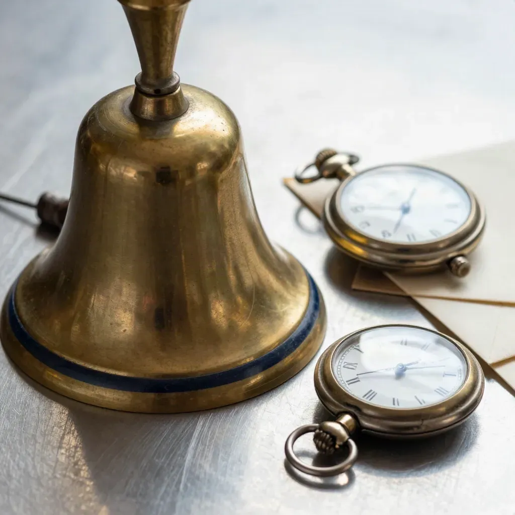 Brass servis zili, cep saati ve zarf yığını, metal yüzeyde yeni uyarı hissiyle.