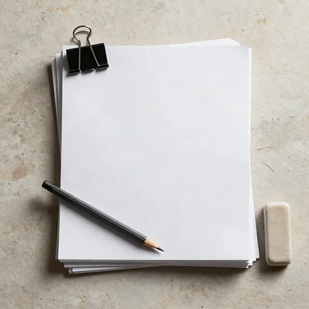 Üstten çekilmiş, düzenlenmiş CV kâğıtları, kurşun kalem, silgi ve ataşlı minimal düzen