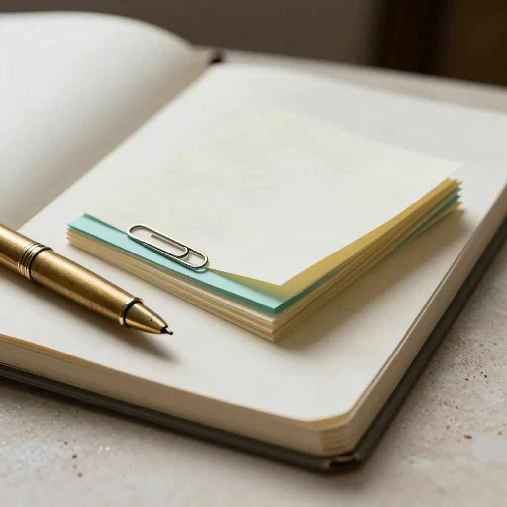 Açık defter, pirinç kalem ve kâğıt ataşlarıyla taş yüzeyde yakın plan bir düzen.